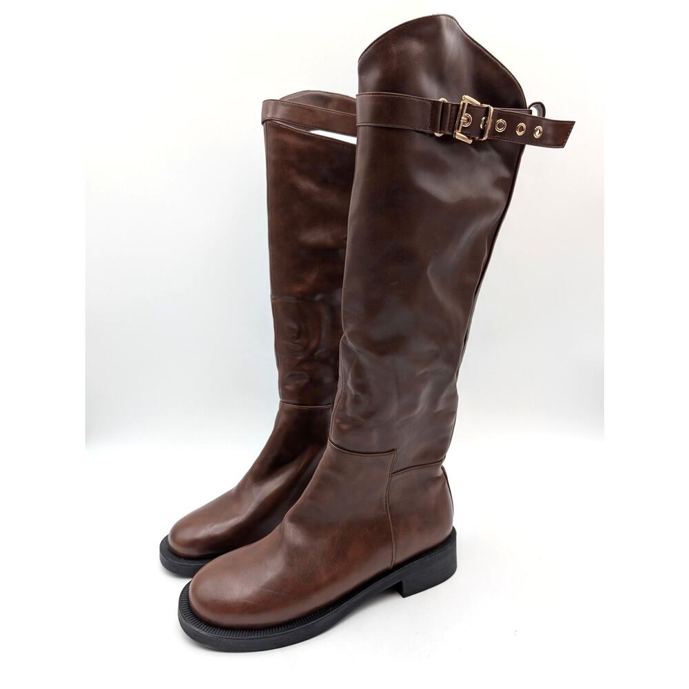 Torgeis Antonella Knee High Tall Boots Buckle Women's Brown Size US8.5 EU39